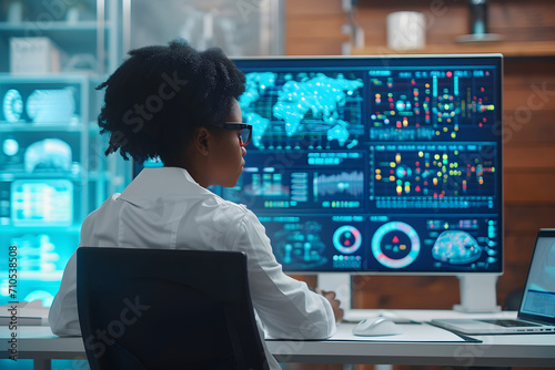 Young female analyst concentrating on multiple display screens in technology setting, Focused Professional Woman Working in High-Tech Monitoring Room