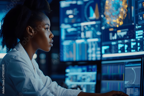 Young female analyst concentrating on multiple display screens in technology setting, Focused Professional Woman Working in High-Tech Monitoring Room