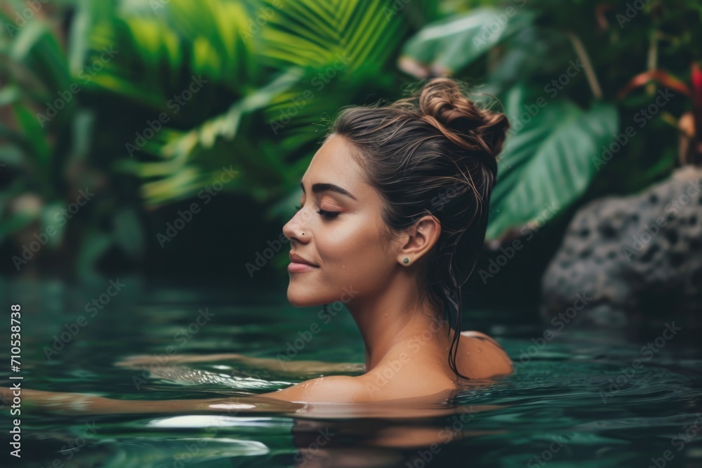 Amidst a lush oasis, a woman gracefully swims in a pool, her expression reflecting inner calm and the verdant serenity around.