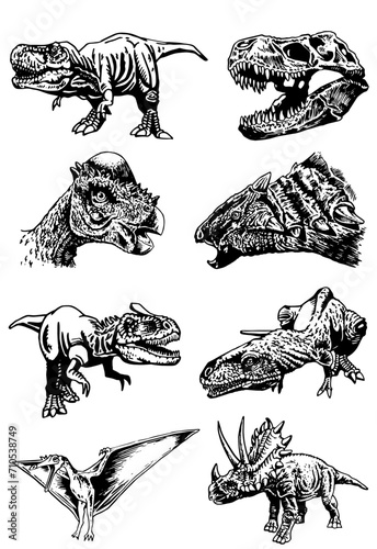 Graphical set  of dinosaurs on white background,vector illustration for tattoo, design and printing	