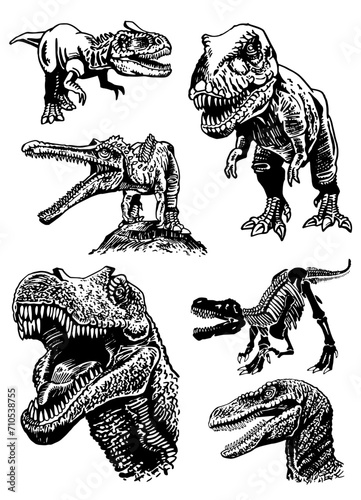Graphical set  of dinosaurs on white background,vector illustration for tattoo, design and printing	