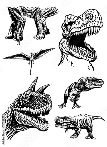 Graphical set  of dinosaurs on white background,vector illustration for tattoo, design and printing	