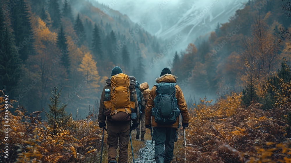 four friends hiking in the mountains, in the style of human-canvas integration, photo-realistic landscapes, studyblr, southern countryside, passage, warmcore, villagecore - obrazy, fototapety, plakaty 