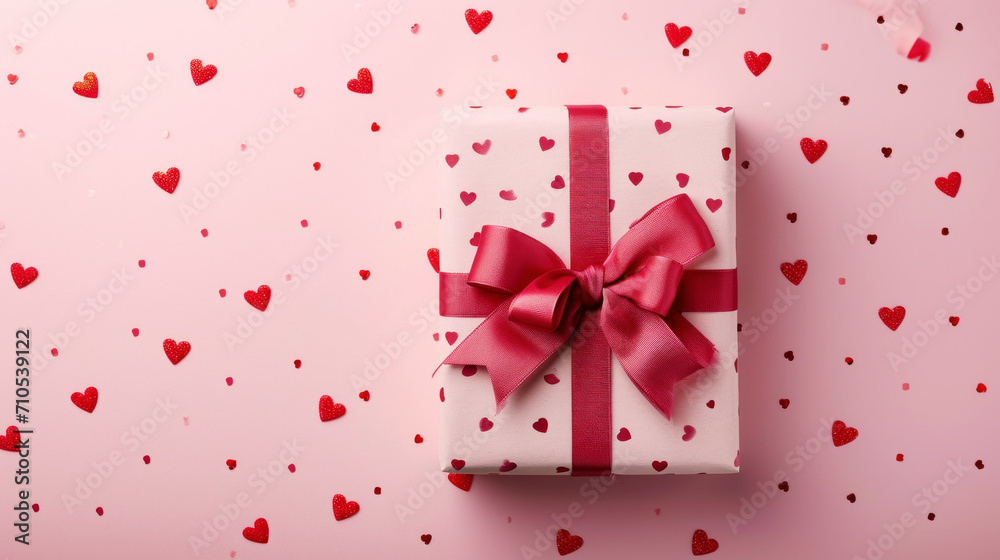 Top view of aesthetic gift in craft box with ribbon. Pink hearts confetti background. Greeting concept. Generative AI Top view of aesthetic gift in craft box with ribbon. Pink hearts confetti background. Greeting concept. Generative AI