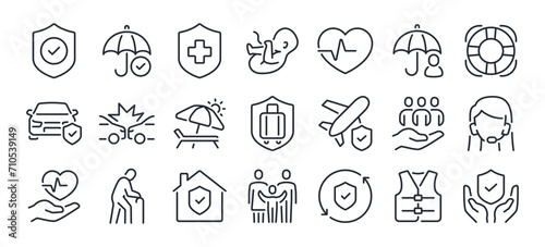Insurance  policy  risk concept editable stroke outline icons set isolated on white background flat vector illustration. Pixel perfect. 64 x 64.