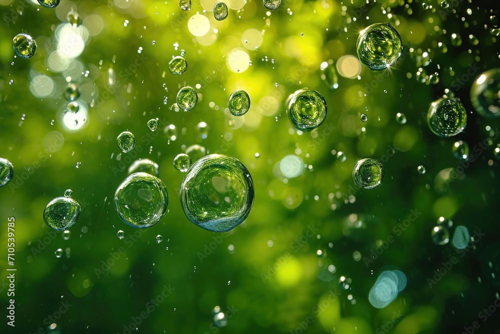 h2o bubbles and green background, in the style of urban energy, havencore, forestpunk, high quality, functional, iconic, natural scenery