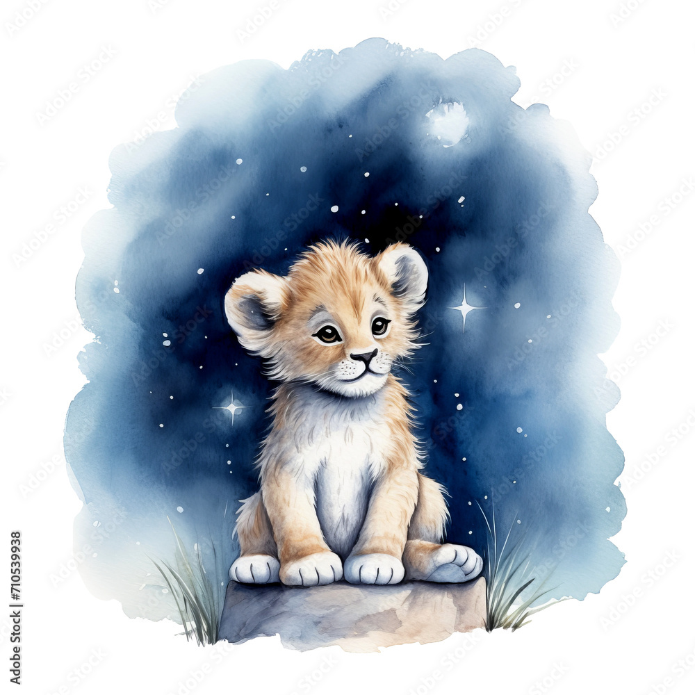 Obraz premium Löwenjunges Nacht Aquarell Niedliche Löwenillustration Jungtier Portrait Kinderzimmer Wandkunst Sternenhimmel Wildtierbild