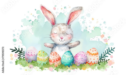 adorable watercolor easter bunny surrounded by colorful eggs