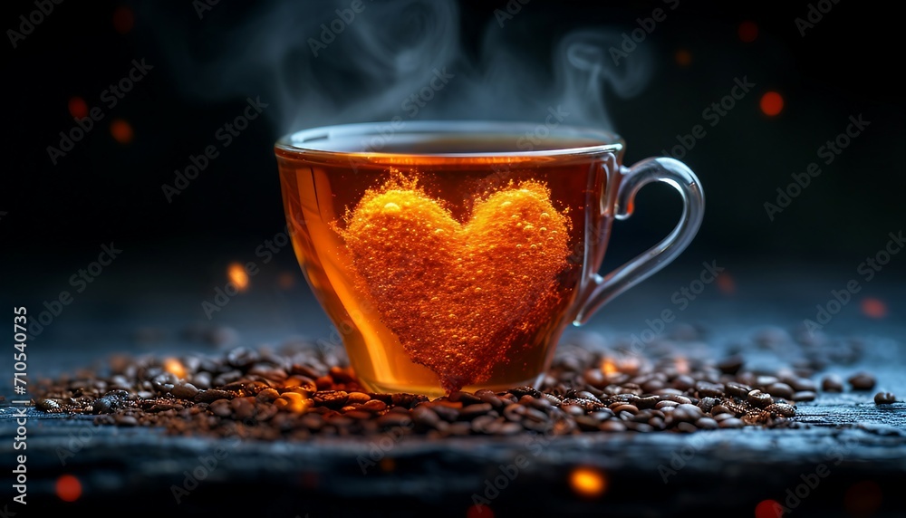 Cup of tea or coffee with steam in one heart shape on black background. Valentine's day celebration or love concept. Copy space
