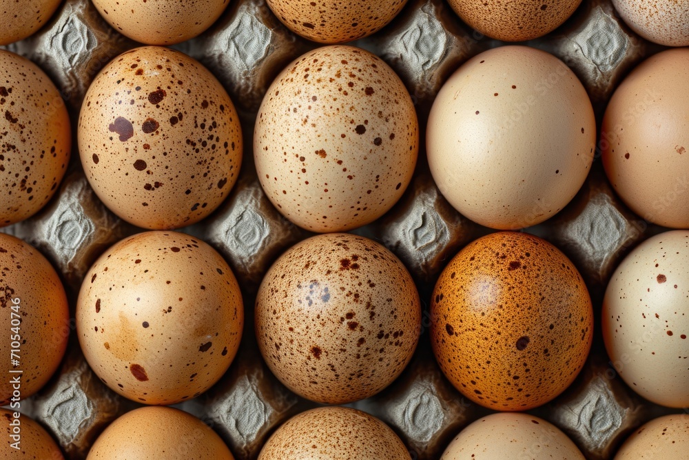 Assorted Brown and Speckled Eggs Neatly Arranged in a Carton