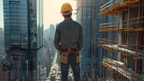 n architect, mid-30s, standing on a construction site in hard hat and boots, gazing at a half-built skyscraper with intense focus. professional people- capturing the world of work.