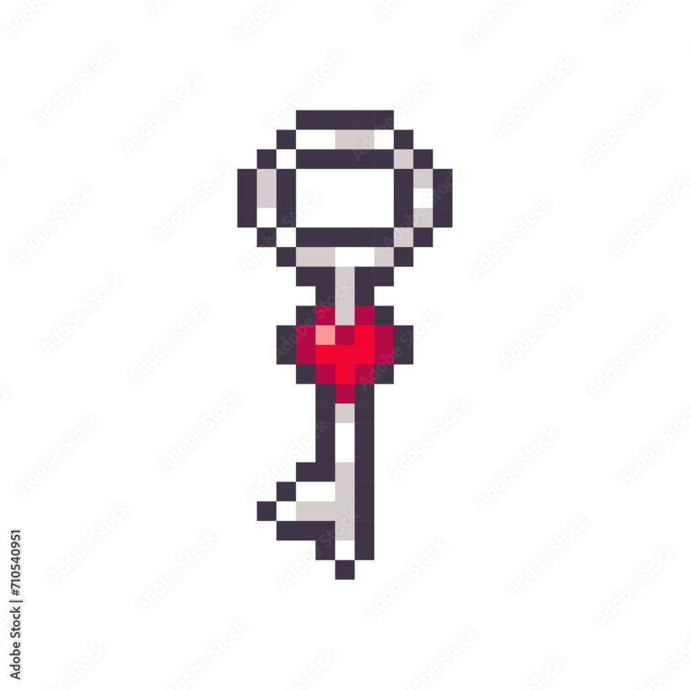 Key with a little diamond heart inside isolated on white background. Love key pixel icon. Vector illustration of Valentine's Day elements in 8 bit style. Key with a little diamond heart inside isolated on white background. Love key pixel icon. Vector illustration of Valentine's Day elements in 8 bit style.