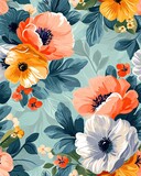 Floral pattern with large colorful flowers on turquoise background