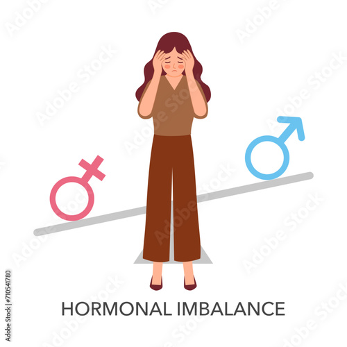 Female suffering from hormonal imbalance in flat design on white background.