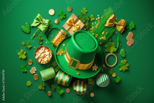 St. Patrick's Day Delight: Hat and Gift Box Against Festive Background. Irish Celebration in Every Pixel.