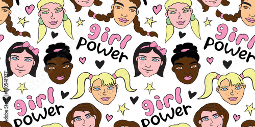 Vector colorful seamless pattern with cartoon faces, heads of women, girls. Friendship theme, girls power. Childish, girlish fun cute texture backdrop.