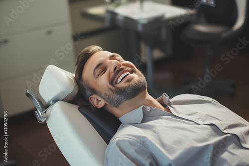 Homem deitado em uma maca em um consultório odontológico  photo
