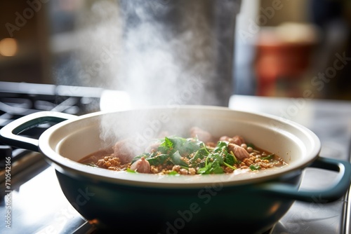 close-up of steam rising from hot cassoulet