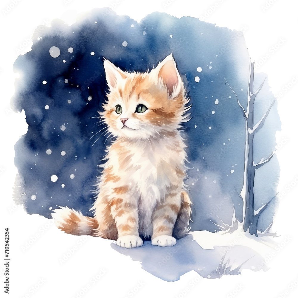 Kätzchen im Schnee Niedliche Katzenillustration Aquarell Kätzchenbild Kinderzimmer Wandkunst Wintermotiv Tierbild Haustier