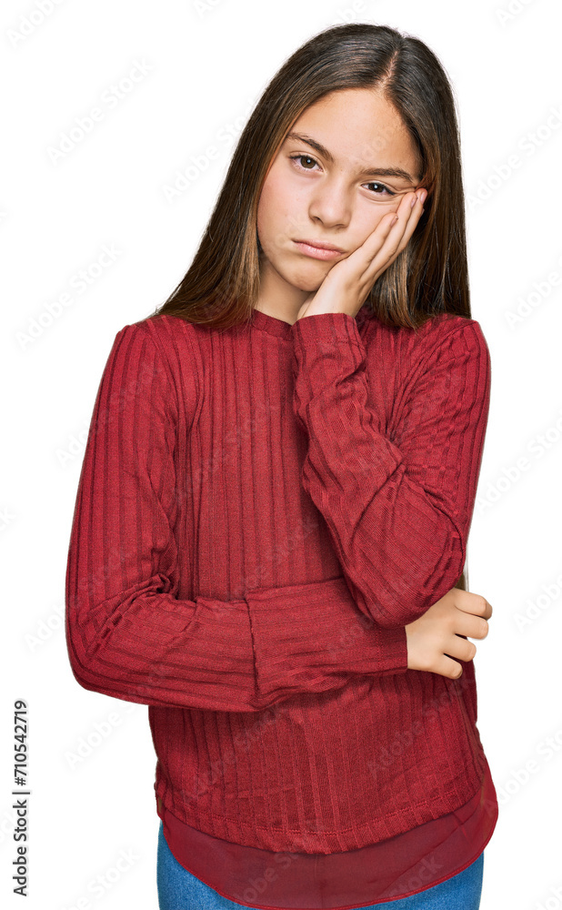 Beautiful brunette little girl wearing casual sweater thinking looking tired and bored with depression problems with crossed arms. Beautiful brunette little girl wearing casual sweater thinking looking tired and bored with depression problems with crossed arms.