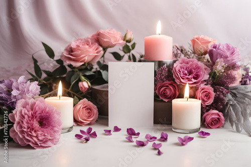 A minimal romantic concept with pink roses, candles and white greeting card