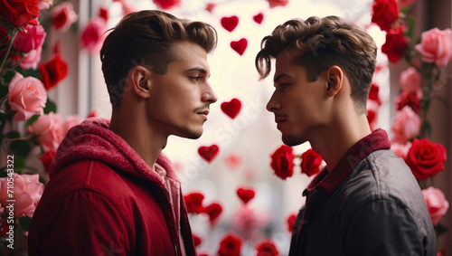 Young gay couple on a background of roses and hearts on February 14. Valentine's Day. Two sexy guys. Romance blooms for guys on Valentine's Day. LGBT Beautiful young gay couple