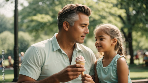 Dad and little daughter are sitting in the park and eating ice cream, happy family, summer sunny day.