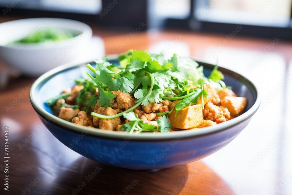 close-up of a bowl of chana masala with cilantro garnish