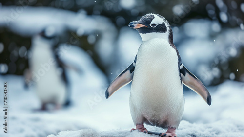 One cute penguin on a snowy background