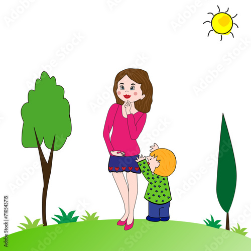 Mujer embarazada y su hijo en el campo.