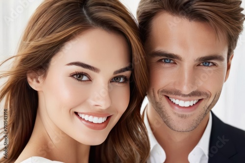 Portrait beautiful model woman and man with white teeth smile, healthy hair and beauty skin on light background. Concept of advertising dentist and facial care. Generative AI