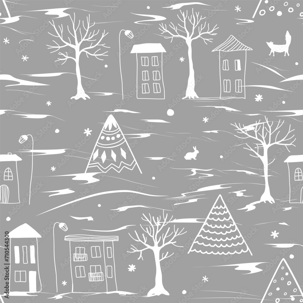 Seamless pattern of doodle hand drawn trees and houses. City landscape ...