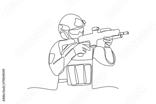 Single continuous line drawing of young soldier man aim with gun. Professional work job occupation. Minimalism concept one line draw graphic design vector illustration