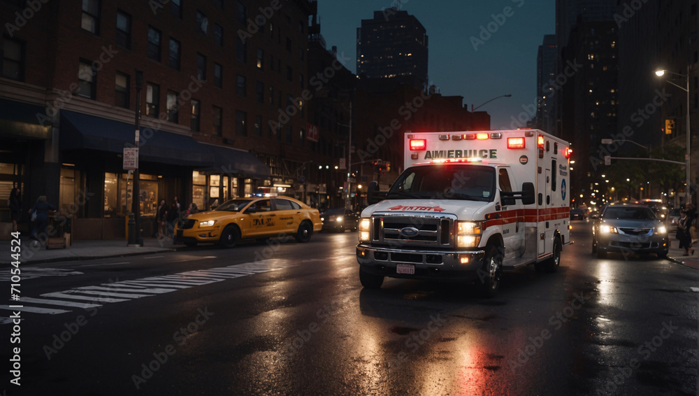 An ambulance, fast and modern, against the backdrop of the city at night, arrived at the scene of the accident to provide emergency medical care
