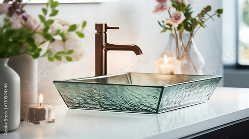 Stylish glass vessel sink and bronze fauce.