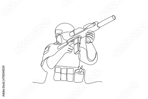 Single continuous line drawing of young soldier is focusing on aim at the enemy. Professional work job occupation. Minimalism concept one line draw graphic design vector illustration