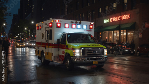 Under the cover of darkness, the ambulance arrived at the scene of the accident, where she needed medical attention. The medical car raced through the city streets, regardless of the time of day