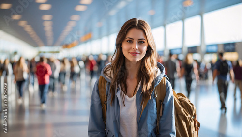 A woman on vacation, a traveler, waits for the departure of her flight in the airport terminal. A passenger walking in the airport lobby imagines his dream. Female traveler in airport terminal