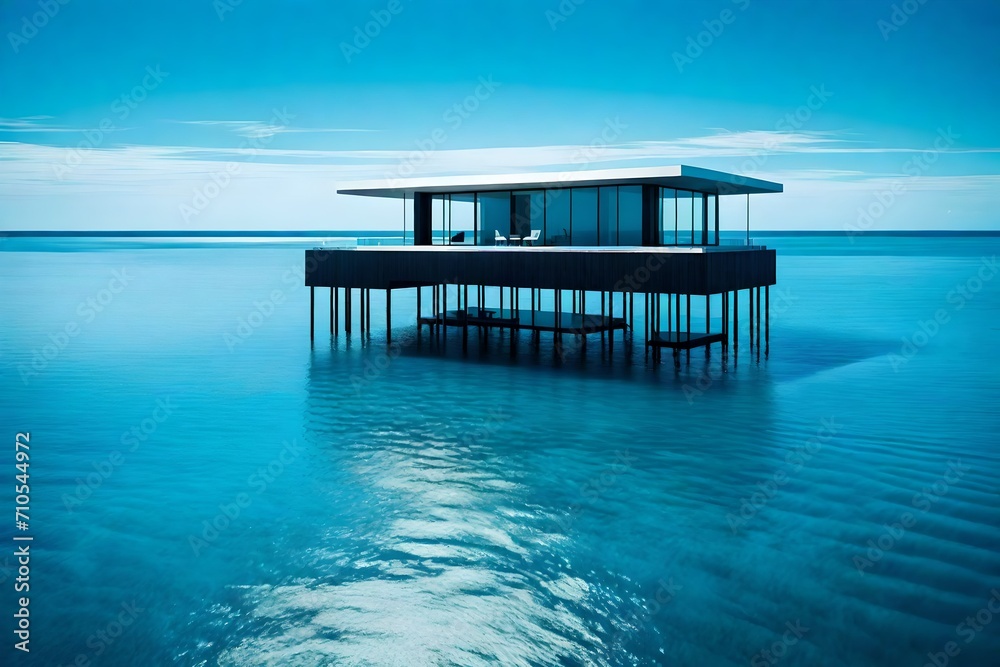 A pristine, solitary overwater abode poised delicately on stilts, casting a striking reflection on the tranquil, glass-like expanse of the ocean, a serene symphony of blues.