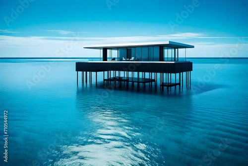 A pristine  solitary overwater abode poised delicately on stilts  casting a striking reflection on the tranquil  glass-like expanse of the ocean  a serene symphony of blues.