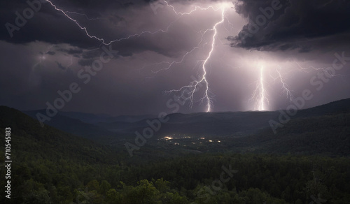 Lightning in the sky above the valley and forest at night. ai generative