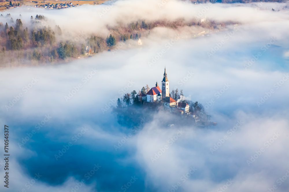 Fototapeta premium amazing sunrise at lake Bled from Ojstrica viewpoint, Slovenia, Europe - travel background