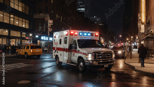 An ambulance in a modern city responded to a call after an accident, driving through the streets at night. The medical service urgently responds to incidents and is sent to the scene