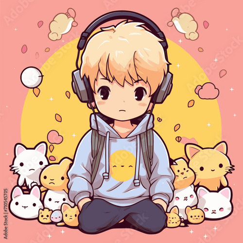 illustration of a boy using headphones accompanied by a fluffy cat