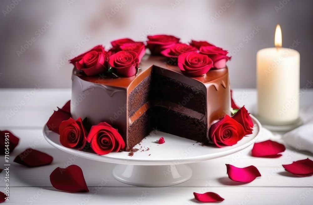 Chocolate cake decorated with red roses on a white plate. There is a white candle nearby. Festive table, Valentine's day, wedding, romance, holiday. Chocolate cake decorated with red roses on a white plate. There is a white candle nearby. Festive table, Valentine's day, wedding, romance, holiday.