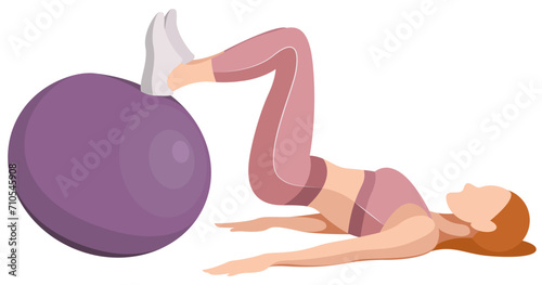 vector illustration of a beautiful slim girl in sportswear (leggings and a sports bra) doing fitness, sports, working out, doing exercises with a fitness ball isolated on a white background.