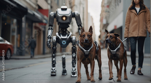 In our near future, robots have become a part of our daily lives, and one of their tasks is dog walking. Modern robots take care of our four-legged friends by walking them along the city streets