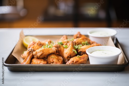 crispy fried chicken wings in a paper-lined tray