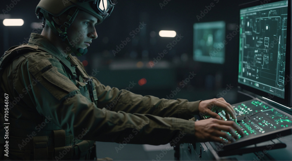 Military specialist uses an unmanned aerial vehicle to reconnaissance ...