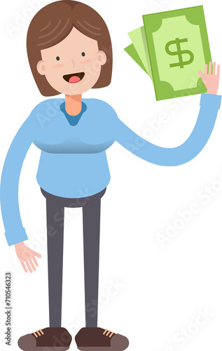 Woman Character Holding Dollar Banknotes
